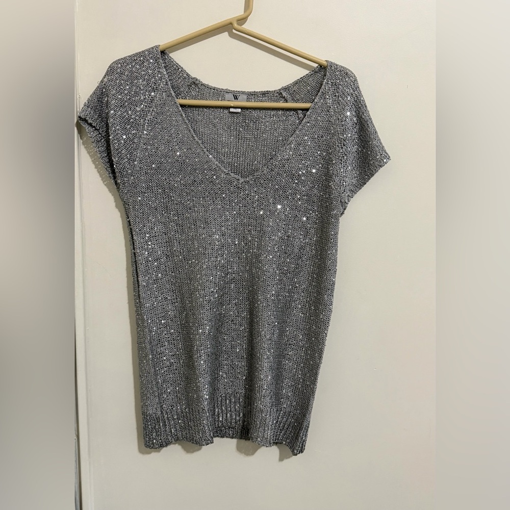 Worthington Silver V-Neck Short Sleeve Sequin Sweater Top size L